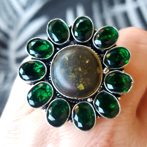 New Stunning Amber & Diopside 925 Silver Statement Ring. - Picture 13 of 15